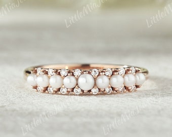 Unique Pearl Wedding Band Rose Gold Moissanite Wedding Band Half Eternity  Promise Ring Stacking Matching Ring Anniversary Gift For Her