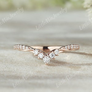 Art Deco Moissanite Curved Weeding Band Rose Gold Moissanite Wedding Ring Inspired Matching Stacking Ring Custom Anniversary Rings For Women