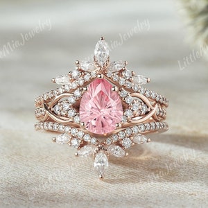 Unique Firework Cut Pink Sapphire Engagement Ring Set Rose Gold Moissanite Ring Enhancer Vine Sapphire Ring Set Bridal Ring Set Gift For Her