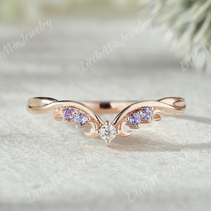 Alexandrite Curved Wedding Band Rose Gold Art Deco Moon Design Moissanite Stacking Matching Wedding Ring Promise Custom Ring For Women