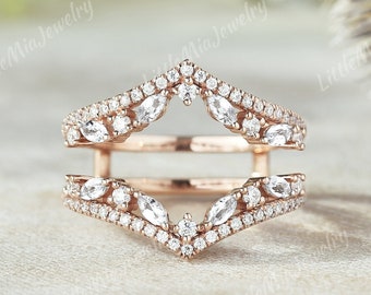 Vintage Marquise Moissanite Double Curved Wedding Band Solid Gold Moissanite Ring Enhancer Stacking Matching Promise Rings For Women