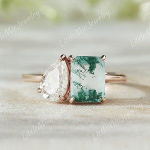Unique Toi et Moi Moss Agate Engagement Ring Rose Gold Two Stone Ring Pear Shape Moissanite Wedding Ring Promise Wedding Rings For Women