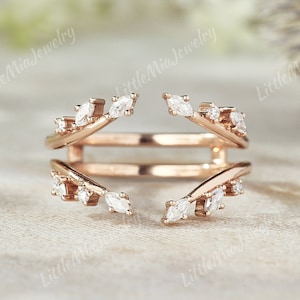 Unique Marquise Moissanite Double Curved Wedding Band Rose Gold Moissanite Enhancer Ring Art Deco Stacking Promise Wedding Rings For Women