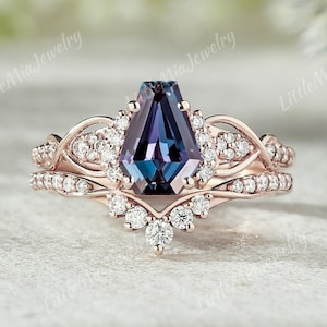 Unique Coffin Shaped Alexandrite Engagement Ring Set Rose Gold Moissanite Curved Wedding Band Alexandrite Promise Ring Set Gift For Her