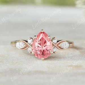 Anel de noivado com safira rosa cortada por fogos de artifício, anel de casamento com cluster de moissanita em ouro rosa, formato de pêra, anéis de promessa com pedras preciosas rosa para mulheres