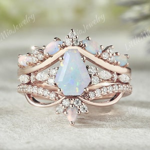 3pc Coffin Cut Natural Opal Engagement Ring Set Rose Gold Opal Curved Moissanite Opal Wedding Band Opal Ring Set Women Wedding Ring Set