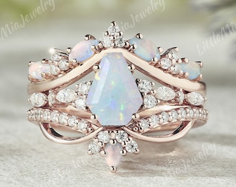 3pc Coffin Cut Natural Opal Engagement Ring Set Rose Gold Opal Curved Moissanite Opal Wedding Band Opal Ring Set Women Wedding Ring Set