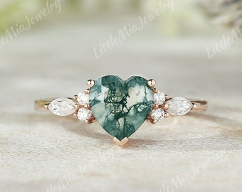 Unique Natural Moss Agate Engagement Ring Vintage Rose Gold Marquise Moissanite Wedding Ring Promise Anniversary  Rings For Women