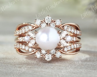 Unique Akoya Pearl Engagement Ring Set Rose Gold Moissanite Curved Wedding Band Promise Custom Bridal Rings For Women Handmade Jewelry