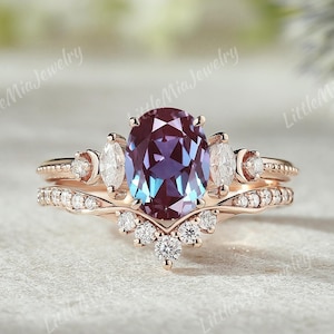 Unique Alexandrite Engagement Ring Set Rose Gold Moon Design Moissanite Wedding Band Oval Shape Alexandrite Ring Set Bridal Set For Women