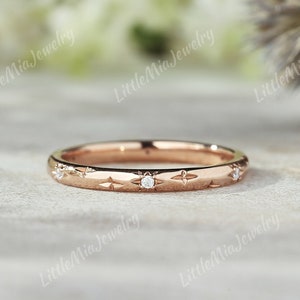 Unique Moissanite Wedding Band Rose Rose Gold Art Deco Star Design Wedding Ring Promise Custom Minimalist Ring For Women Handmade Jewelry