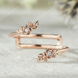 Unique Moissanite Leaf Floral Enhancer Ring Moissanite Double Curved Wedding Band Rose Gold Stacking Matching Rings Anniversary Gift For Her