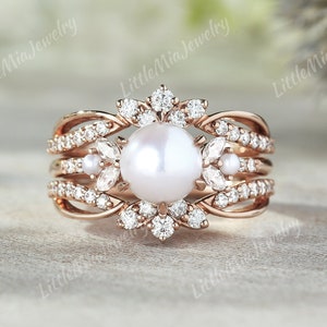 Unique Akoya Pearl Engagement Ring Set Rose Gold Moissanite Curved Wedding Band Promise Custom Bridal Rings For Women Handmade Jewelry