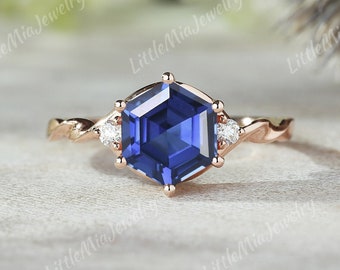 Unique Hexagon Cut Sapphire Engagement Ring Rose Gold Moissanite Wedding Band Handmade Jewelry Promise Birthstone Ring Gifts For Her Ring