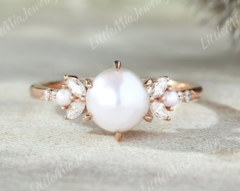 Vintage Akoya Pearl Engagement Ring 10k 14k Rose Gold Moissanite Wedding Ring Diamond Stacking Matching Handmade Promise Rings For Women