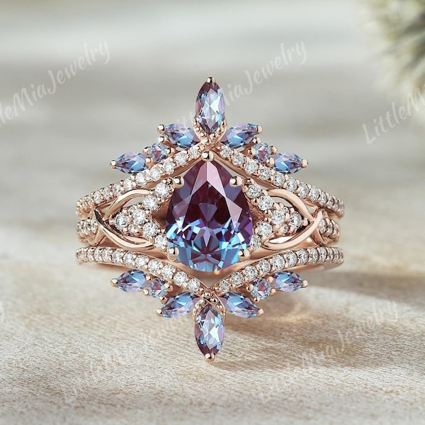 Alexandrite Engagement Ring Set Rose Gold Alexandrite Ring Enhancer Alexandrite Ring Set Purple Gemstone Vine Bridal Ring Set Gift For Her