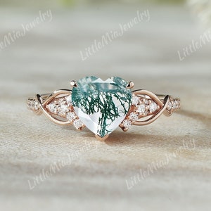Heart Cut Natural Moss Agate Engagement Ring Unique Rose Gold Green Moss Agate Wedding Ring Moissanite Cluster Anniversary ring For Women