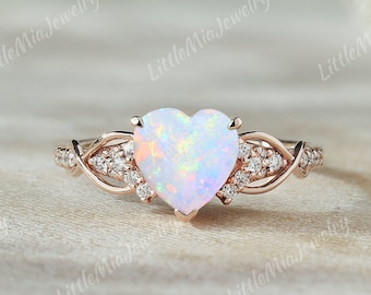Unique Heart Shaped Natural Opal Engagement Ring Solid Gold Moissanite Cluster Wedding Ring Opal Anniversary Rings For Women