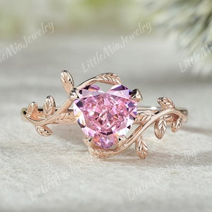 Unique Heart Cut Pink Sapphire Engagement Ring Rose Gold Leaf Branch Sapphire Bridal Wedding Ring Handmake Promise Rings For Women