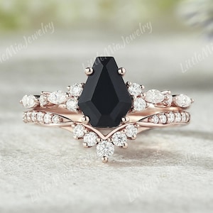 Coffin Cut Black Onyx  Engagement Ring Set Unique Halloween Ring Solid Gold Moissanite Curved Wedding Band Black Onyx Ring Set For Women