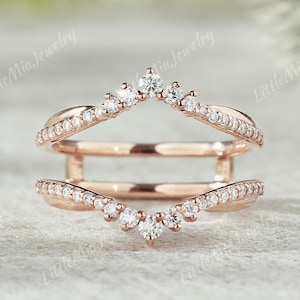 Rose Gold Moissanite Double Curved Wedding Band Unique Moissanite Ring Enhancer Moissanite Matching Wedding Band Anniversary Gift For Her