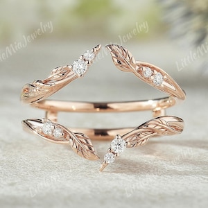 Open Moissanite Band Leaf Branch Moissanite Ring Enhancer Rose Gold Double Wedding Band Dainty Moissanite Wedding Ring Stacking Matching