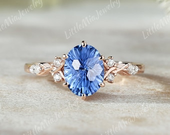 Firework Cut Sapphire Engagement Ring Rose Gold Moissanite Cluster Wedding Ring Handmade Promise Sapphire Rings For Women Gift For Her