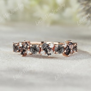 Unique Salt and Pepper Diamond Ring Rose Gold Black Rutilated Quartz Wedding Band Moissanite Straight Promise Wedding Rings For Women