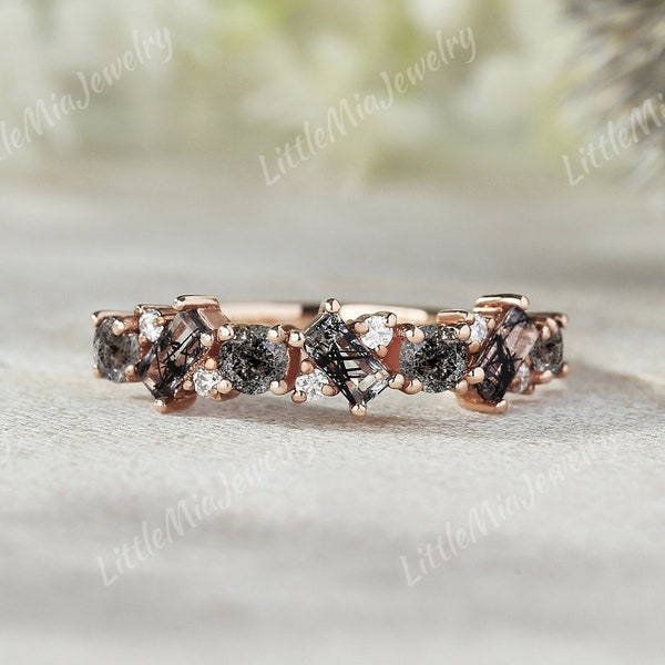 Unique Salt and Pepper Diamond Ring Rose Gold Black Rutilated Quartz Wedding Band Moissanite Straight Promise Wedding Rings For Women