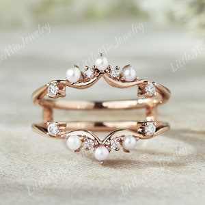 Art Deco Pearl Double Curved Wedding Band Rose Gold Moissanite Ring Enhancer Stacking Matching  Wedding Ring Custom Promise  Rings For Women