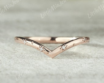 Moissanite Curved Wedding Band Rose Gold Art Deco Star Design Moissanite Stacking Matching Wedding Ring Promise Anillo personalizado para mujeres