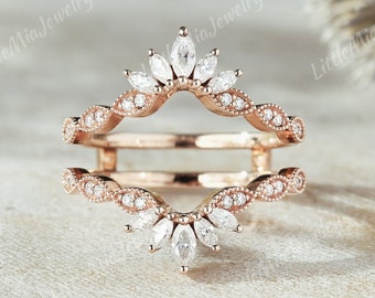 Vintage Marquise Moissanite Ring Enhancer Rose Gold Milgrain Moissanite Double Curved Wedding Band Stacking Matching Wedding Rings For Women