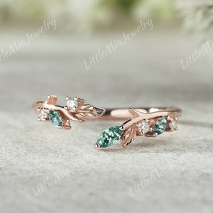 Art Deco Moss Agate Curved Wedding Band Rose Gold Moissanite Leaf Shaped Ring Curved Wedding Band Anniversary Ring Promise Rings For Women