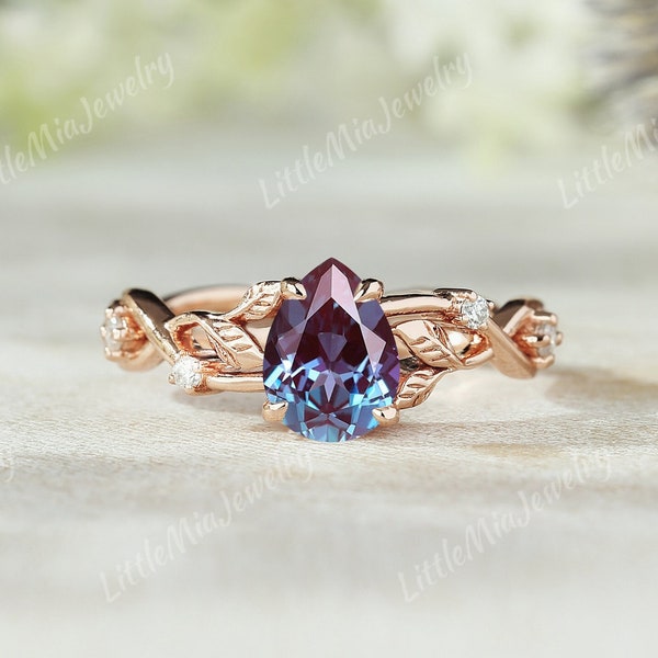 Art Deco Peat Cut Alexandrite Engagement Ring Solid Gold  Nature Inspired Leaf Moissanite Wedding Ring Promise Bridal Rings For Women