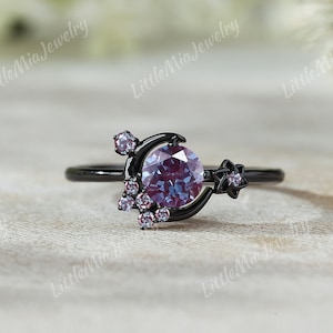 14K Black Gold Ring Alexandrite Engagement Ring Black Gold Gothic Alexandrite Wedding Ring Moon Star Design Promise Ring Anniversary Gift