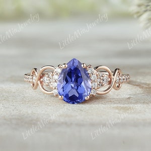 Pear Cut Cornflower Sapphire Engagement Ring Solid Gold Vine Moissanite Cluster Wedding Ring Promise Rings For Women Personalized Gift