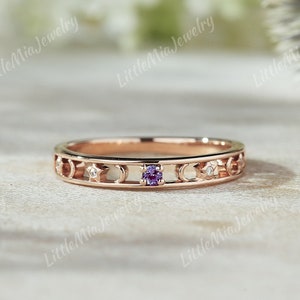 Unique Alexandrite Wedding Band For Men/Women Rose Gold Moon Star Moissanite Wedding Ring Stacking Matching Promise Ring Anniversary Gift