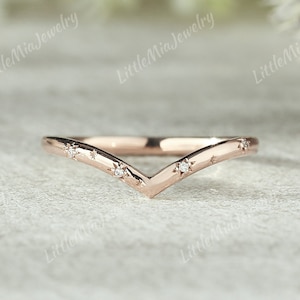 Moissanite Curved Wedding Band Rose Gold Art Deco Star Design Moissanite Stacking Matching Wedding Ring Promise Custom Ring For Women