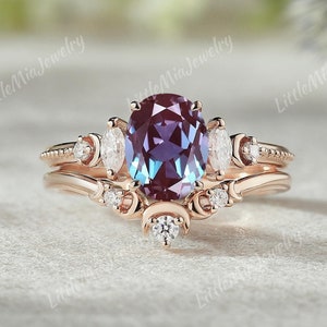 Oval Shape Alexandrite Engagement Ring Set Rose Gold Moon Design Moissanite Wedding Band Alexandrite Ring Set Promise Bridal Set For Women