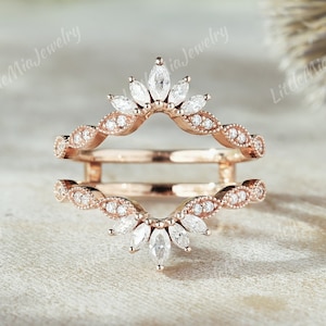 Vintage Marquise Moissanite Ring Enhancer Rose Gold Milgrain Moissanite Double Curved Wedding Band Stacking Matching Wedding Rings For Women