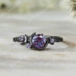 Unique 14K Black Gold Ring Gothic Alexandrite Wedding Band Black Gold Moon Gothic Alexandrite Wedding Band Rings For Women Handmake Jewelry