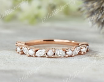 Unique Pearl Wedding Band Rose Gold Marquise Moissanite Wedding Half Eternity Promise Ring Stacking Matching Ring Anniversary Gift For Her