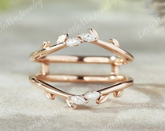 Unique Marquise Moissanite Ring Enhancer Rose Gold Moissanite Double Curved Wedding Band Leaf Stacking Matching Anniversary Rings For Women