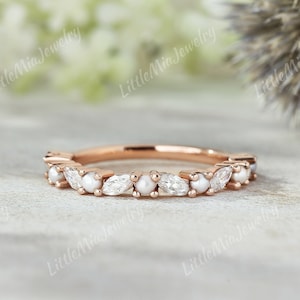 Unique Pearl Wedding Band Rose Gold Marquise Moissanite Wedding Half Eternity Promise Ring Stacking Matching Ring Anniversary Gift For Her