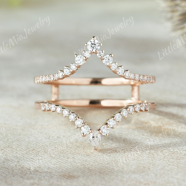 Unique Pear Cut Moissanite Double Curved Wedding Band Rose Gold Round Moissanite Ring Enhancer Stacking Matching Promise Rings For Women
