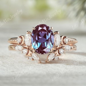 Alexandrite Engagement Ring Set Rose Gold Moon Design Moissanite Wedding Band Oval Shape Alexandrite Ring Set Promise Bridal Set For Women