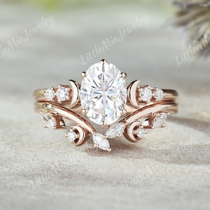 Unique Oval Cut Moissanite Engagement Ring Rose Gold Art Deco Moon Moissanite Curved Wedding Band Bridal Wedding Ring Set Gift For Her