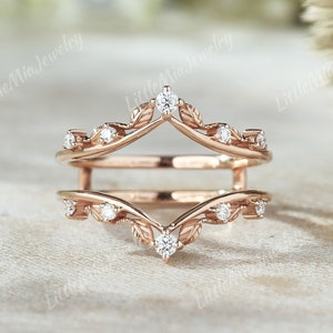 Nature Inspired Moissanite Ring Enhancer Solid Gold Moissanite Double Curved Wedding Band Unique Promise Stacking Matching Rings For Women