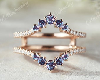 Vintage Alexandrite Ring Enhancer Rose Gold Double Curved Moissanite Wedding Band Unique Custom Ring Promise Personalized Gift For Her