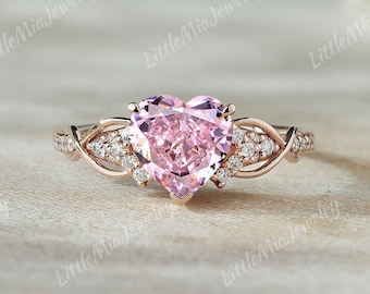 Anillo de compromiso de zafiro rosa en forma de corazón único, anillo de boda de racimo de moissanita de oro rosa, anillos de aniversario de promesa para regalo de mujer